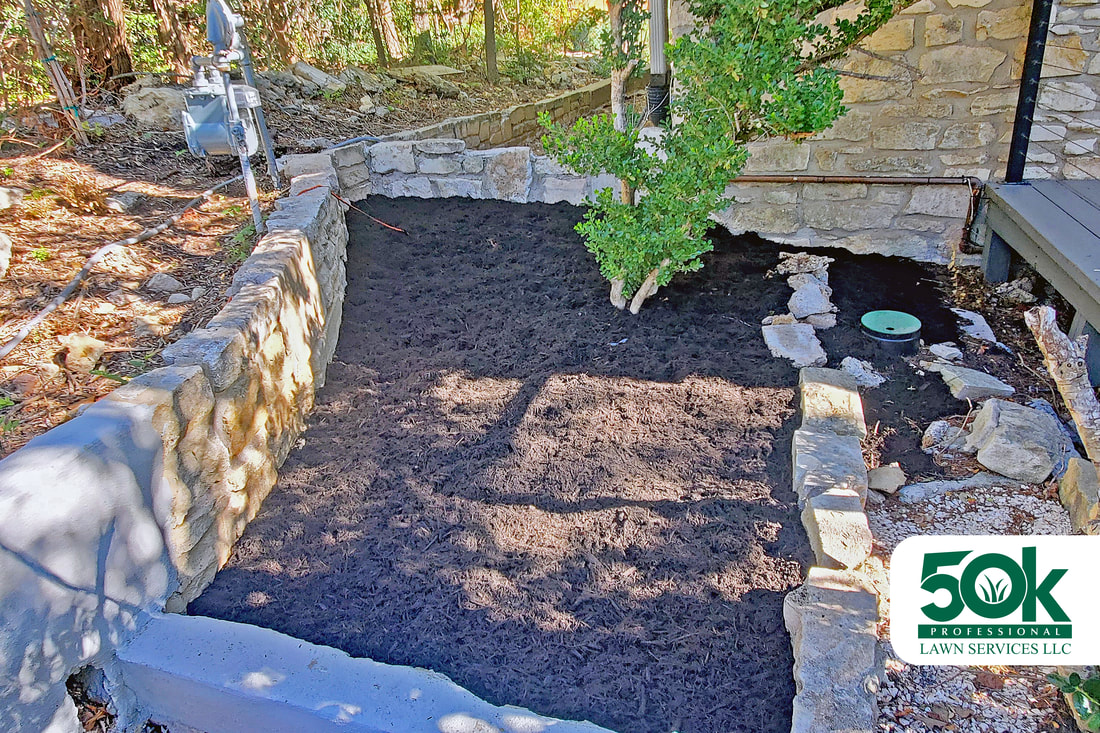 Aesthetic and functional black mulch application in a South Austin yard.